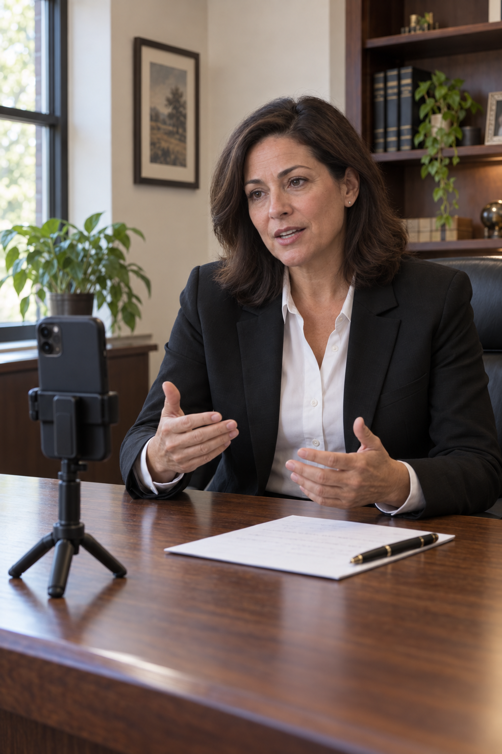 Illustration of a person at a desk recording an explanation on a phone held on a small desk tripod, in daylight.