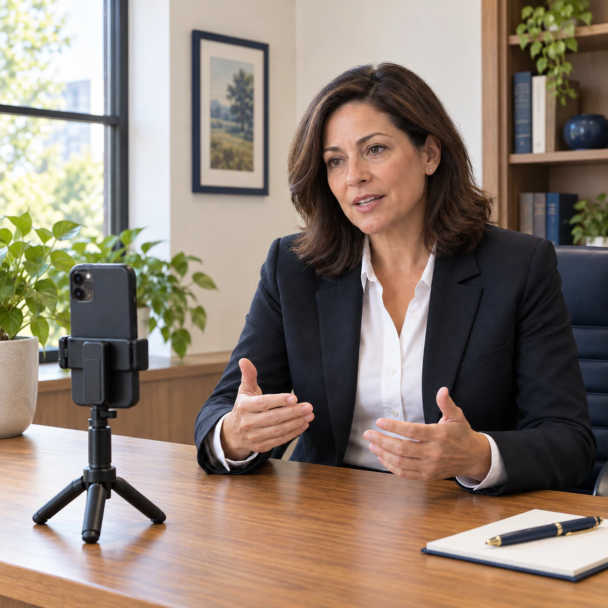 Illustration of a woman in a dark blazer at her desk, explaining something to a phone held on a small desk tripod, with a notebook and pen beside her.